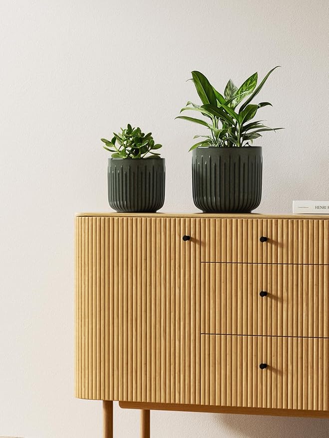 LE TAUCI Fluted Ceramic Planters Set of 3 – 8.3/7 / 5.7 in Dark Olive Reactive Cylinder Indoor Plant Pots with Drainage Plug & Mesh, Glossy Stoneware Flower Pots for Succulents Herbs