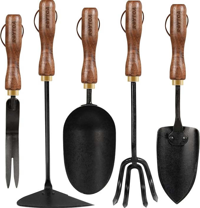 Garden Tool Set,5Pcs Gardening Tools,Stainless Steel Heavy Duty Hand Cultivator, Hoes,Shovel, Trowel and Weeder with Ergonomics Walnut Handle,Gardening Gifts for Women