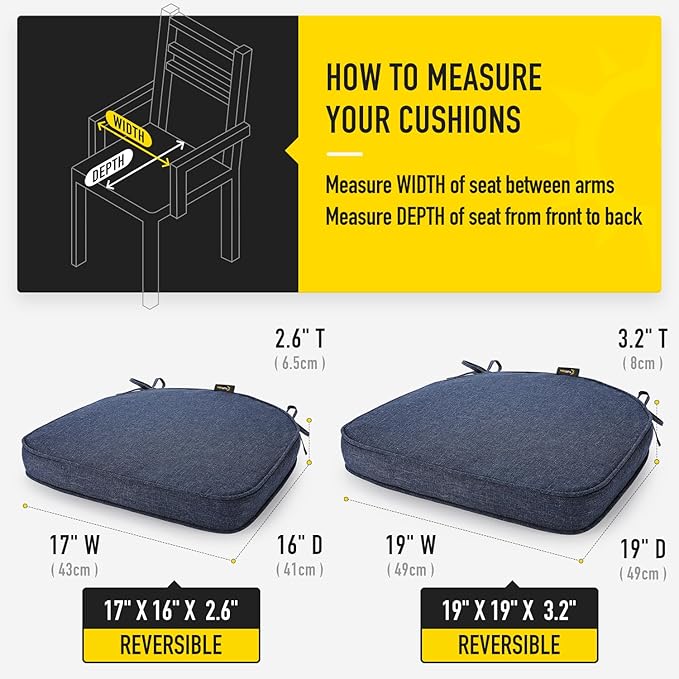 SUNROX Gel Memory Foam Chair Cushion with Ties, Ultra Durable Water Resistant FadeShield Outdoor/Indoor Reversible Chair Seat Cushion 17 x 16 inch Set of 4, Heather Indigo