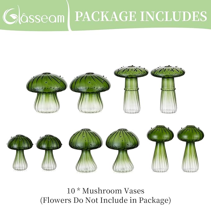 Glasseam Mushroom Plant Propagation Stations: Green Glass Terrarium Jar Set of 10 Cute Planters for Indoor Plants Mini Propagate Station Unique Christmas Birthday Gifts for Women Home Office Decor