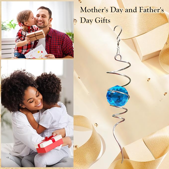 Gazing Ball Spiral Tail, Wind Spinner Spiral Peacock Blue Crystal Orb with Swivel Hook, Sun Catcher Rainbow Maker Hanging Decor for Yard Garden Rotating Art Ornaments Great Gifts 13" Height