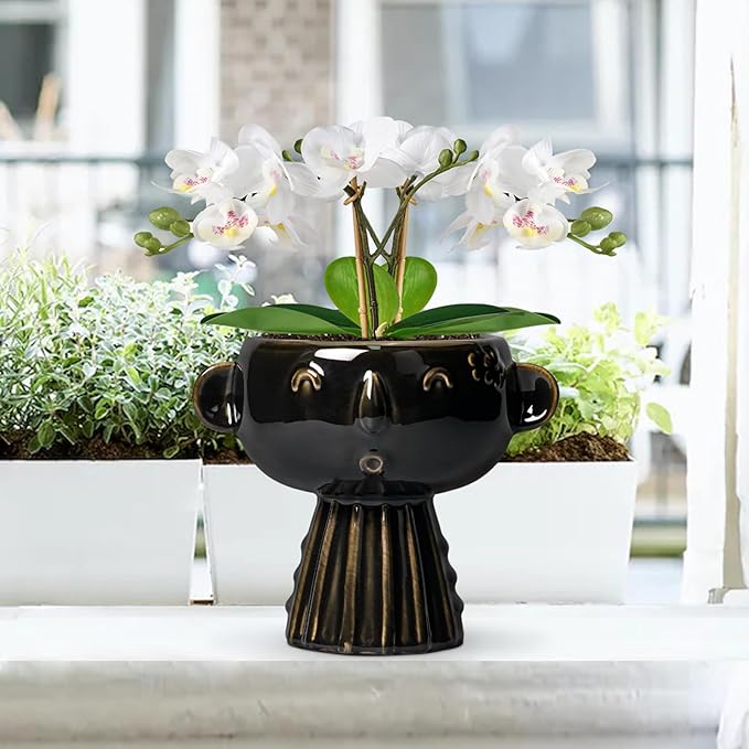 Head Planter 7 Inch - Ceramic Face Planters with Drainage Hole, Funny Succulent Pots for Indoor Outdoor, Cute Decorative Plant Pot, Desk Office Room Home Decor, Black