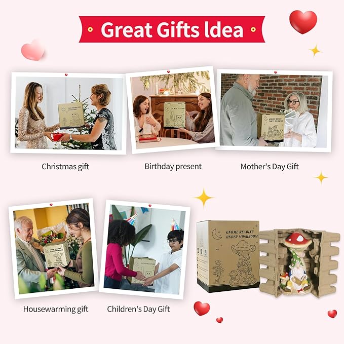 Upgraded Size Solar Garden Outdoor Statues Gnome Reading Under Mushroom with 5 LED Solar Figurine for Lawn,Patio,Balcony,Yard Decor Unique Housewarming Gift for Grandfather, Father,Grandma,Wen