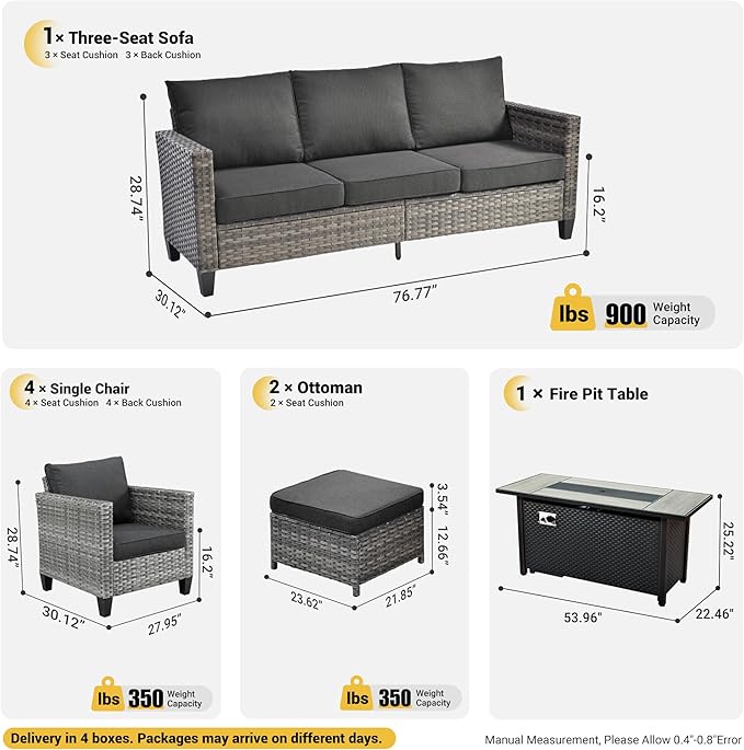ovios 8 Pieces Patio Furniture Set with 54" Fire Pit Table, Outdoor Wicker Sofa with Comfy Cushions, All Weather High Back Rattan Couch Conversation Set, Black