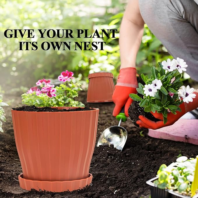 Plastic Flower Pots, 5 Pack 6 inch Indoor Plant Pots Planters for Outdoor Plants Flowers Garden Patio Home Nursery Decor Gifts,Large Succulent Pots with Drainage Tray Saucer & Hole Terracotta