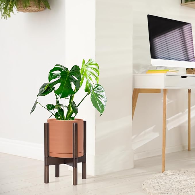 D'vine Dev Terracotta Planter with Walnut Color Stand - 8 Inch Modern Round Flower Pot with Wood Planter Holder, Terracotta, 55-B-Y-5