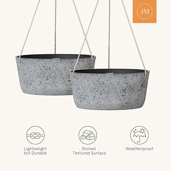 La Jolie Maison Large Hanging Planters - 12 Inch Outdoor Flower Pots, Rock Gray Hanging Garden Planters Set of 2
