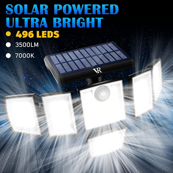 Solar Motion Sensor Flood Lights Outdoor - 496LEDs 3500LM 3 Lighting Modes 3 Levels Brightness, 6 Heads 360° Illumination, IP65 Solar Security Lights,for Porch Yard Patio Garage(2 Packs)