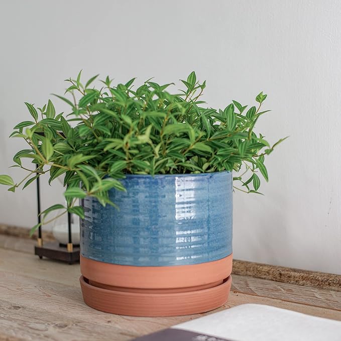 8 Inch Pots for Plants, Ceramic Planter Pot with Drainage Hole & Saucer, Indoor/Outdoor Cylinder Round Planter Pot, Blue & Terracotta