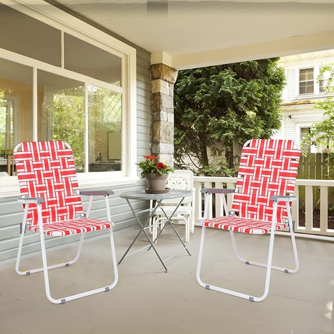 VINGLI Patio Lawn Webbed Folding Chairs Set of 4, Outdoor Beach Chair Portable Dining Chair for ir for Outdoor Yard, Garden(Red, Classic)