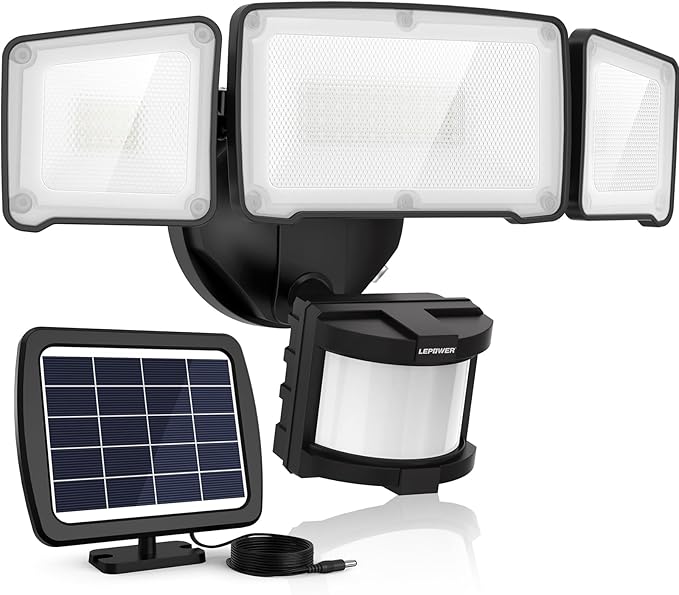 LEPOWER 1600LM LED Solar Security Lights Motion Outdoor, 5500K White Light, IP65 Waterproof Outdoor Flood Solar Light for Yard, Garage(Black)