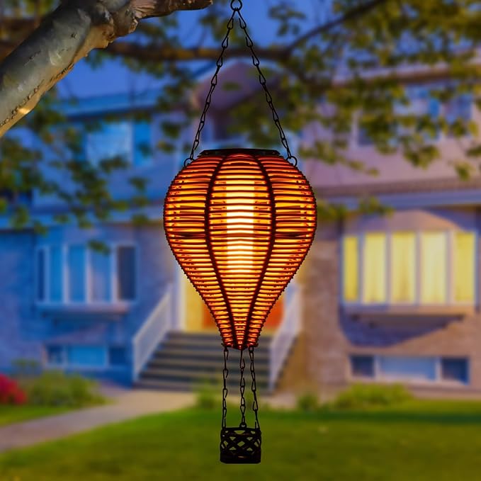 pearlstar Solar Hot Air Balloon Lantern with Flame Light Outdoor Hanging Solar Powered Lights Woven Solar Lantern Waterproof for Patio Yard Farmhouse Garden Wedding Holiday Decoration