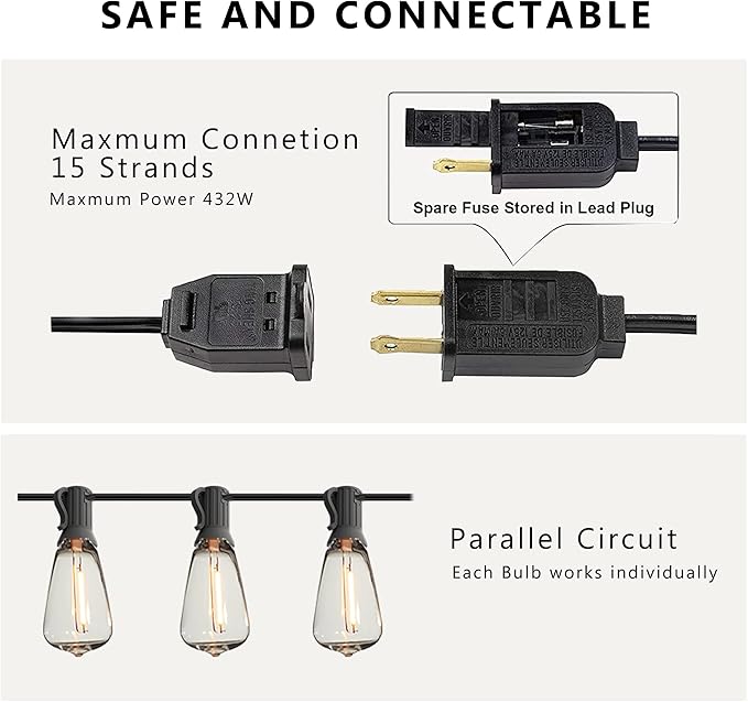 DAMAING Outdoor String Lights LED 100 FT Patio String Lights,52 ST38 Shatterproof Edison Style LED Bulbs,Vintage Plastic Outdoor Lights Waterproof for Bistro Gazebos Backyard Balcony Porch.