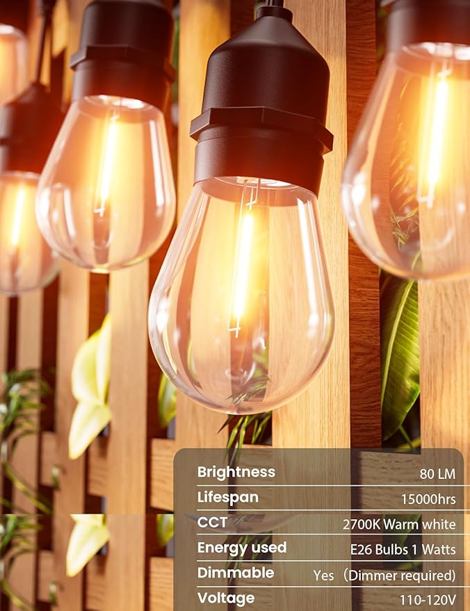 Svater Outdoor String Lights 150FT, E26 Socket, 48pcs S14 Shatterpoof Bulbs, 1 Watt Dimmable 2700K Warm White, IP65 Waterproof Commercial Grade Patio Lights(3 Pack X 50FT)
