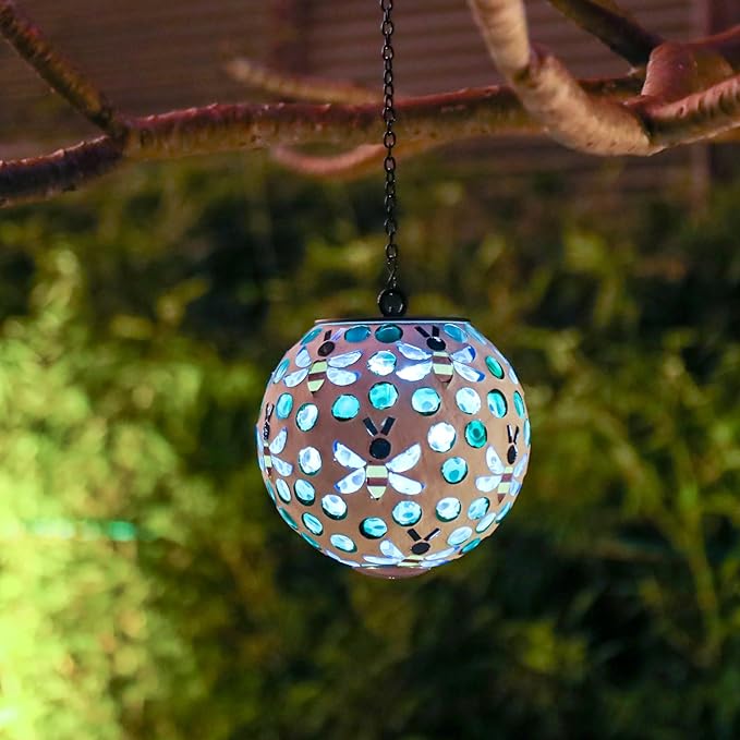 VCUTEKA Solar Chandelier Outdoor, Hanging Mosaic SolarLights with Hook Up, Solar Garden Lantern Decor for Yard, Deck and Patio, Green