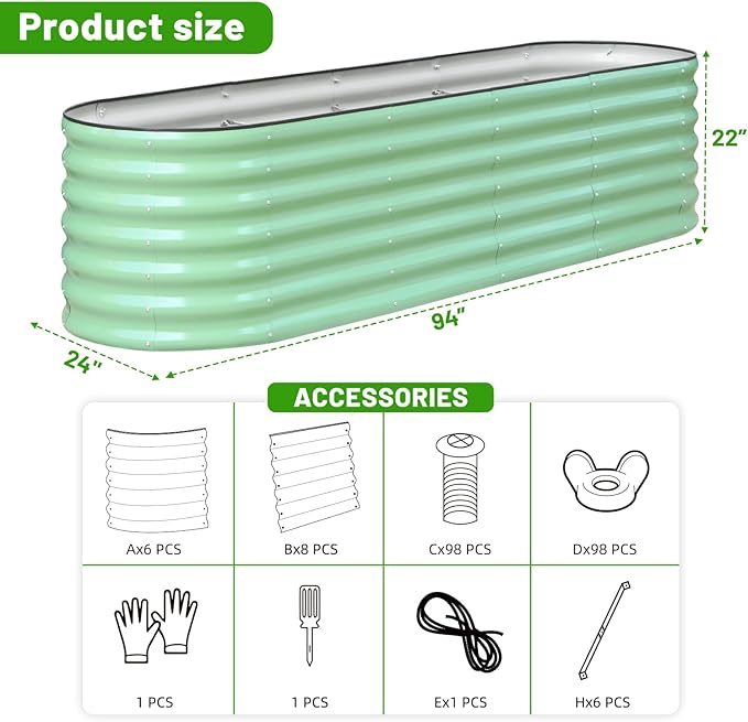 SnugNiture 8x2x2ft Raised Garden Bed Kit, 24" Tall Outdoor Metal Raised Planter Box for Planting Plants Vegetables Flowers Fruits, Green