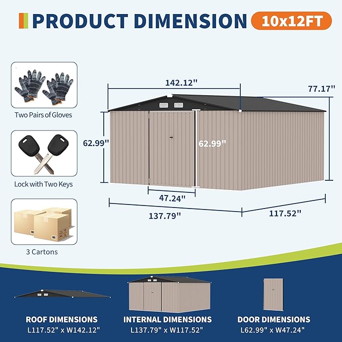 10x12 FT Metal Storage Sheds Outdoor with Floor, Metal Yard Sheds Garden Shed Kit, MetalTool Shed with Lockable Door, Metals UtilitySheds Buildings with Air Vent for Backyard Garden Patio Lawn