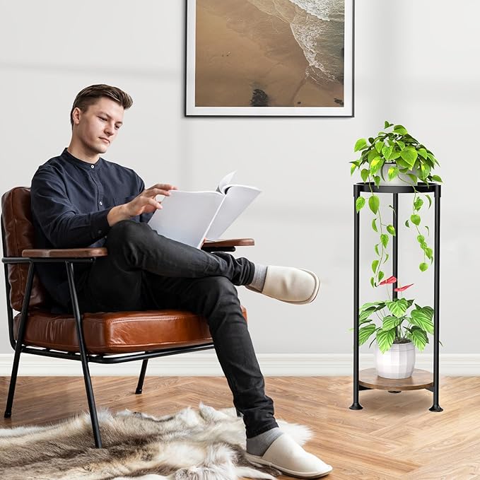 KMOTASUO 2 Tier Plant Stands Indoor, 30 Inch Tall Metal Corner Plant Stand, Modern Flower Shelf Pot Holder Planter Display Rack for Living Room Balcony Patio Garden(Black)