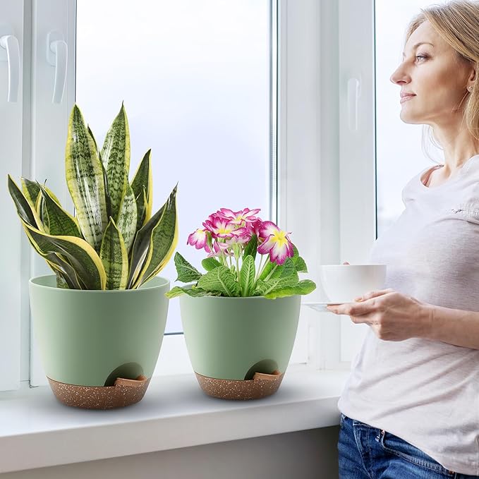 Plant Pots 12/10/9 Inch Self Watering Pots, Set of 3 Plastic Planters with Drainage Holes and Saucers,Plastic Flower Pots,Nursery Planting Pot for Indoor Out Door Plants(Green)