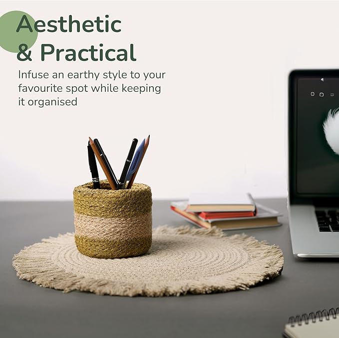 Jute Planter Basket-Woven Jute Rope Covers for Decorating Indoor/Outdoor Succulents, Small Plant Pots-Set of 2-Multi-Purpose Storage Bins 4.5 Inches - Modern Style Décor - Olive & Natural