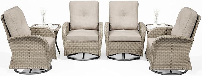 Joyside Outdoor Swivel Rocker Chairs, 6 Piece Wicker Patio Set with Thick Cushion and Side Table, Rattan Patio Swivel Rocking Chairs for Porch, Deck Use (Natural/Beige, 6 PCS)