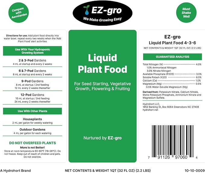 EZ-GRO Liquid Plant Food for AeroGarden, IDOO, and Hydroponic Growing System - 1 QT | All-in-One Nutrient Solution for Seed Starting, Vegetative Growth, Flowering, and Fruiting