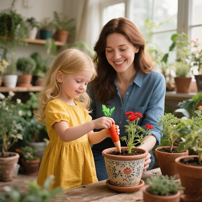 4-Pack Plant Watering Spikes with Lids,Self Watering Spikes, Plant Water Seepage Device, Cute Carrot Shape,Clay Plant Garden Waterers for Vacations