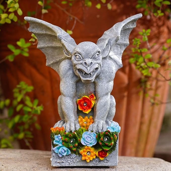 Solar Gothic Gargoyle Garden Statues: Outdoor Sculptures with Succulent Lights Decor for Patio Lawn Yard Art - Gifts for Mom Grandma