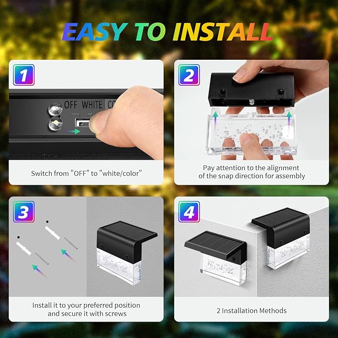 4 Pack Solar Fence Lights, 2 Lighting Modes Step Lights Outdoor, Acrylic Bubbles LED Super Bright Waterproof Solar Deck Light for Outside Stair Fence Step Pool Backyard Decor (Warm White/7 Color)