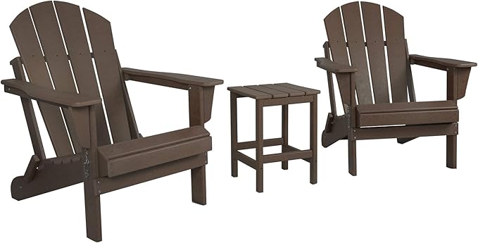 WO Home Furniture Adirondack Chairs Table Set of 3 PCS Outdoor Folding Chairs Side End Table Weather/UV Resistant for Lawn, Garden, Bon Fire, Balcony (Dark Brown)