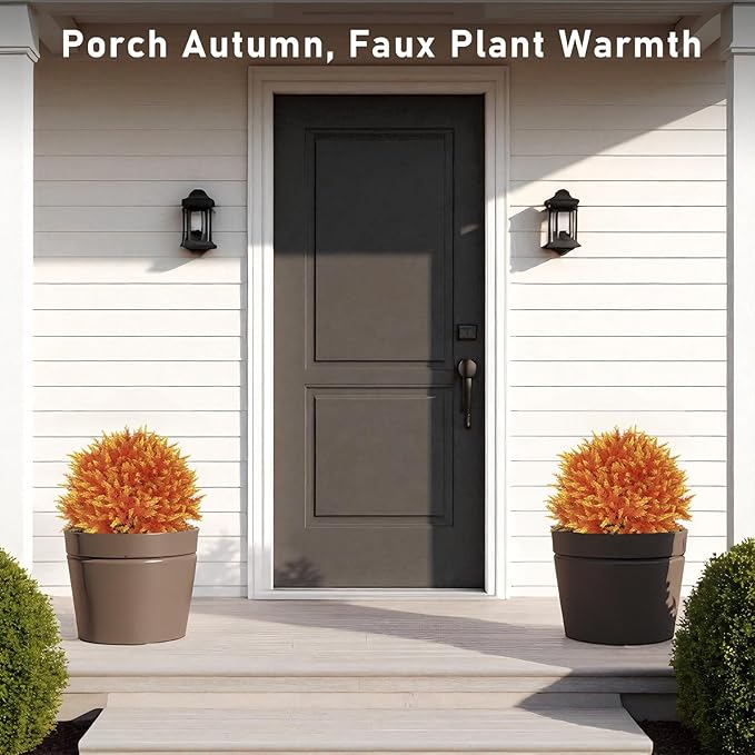 24" Artificial Cedar Topiary Ball Bushes, Set of 2 UV Resistant Fake Trees Outdoor Shrubs with Stake, Weatherproof Faux Plants for Planter, Front Porch, Garden, Yard, Patio Fall Decor