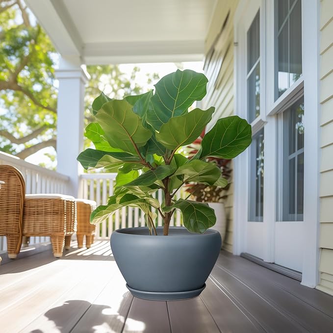 Ceramic Planter - 13 Inch Planter for Indoor Plants Large Plant Pot with Drainage Hole and Saucer Round Outdoor Planter Modern Flower Pot for Home Decor Gray