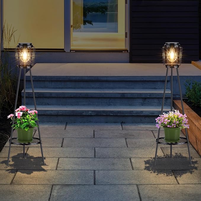 Solar Lights Outdoor with LED Edison Bulbs, Solar Floor Lamp with Plant Stands for Garden Yard Pathway Driveway Front/Back Porch Decoration