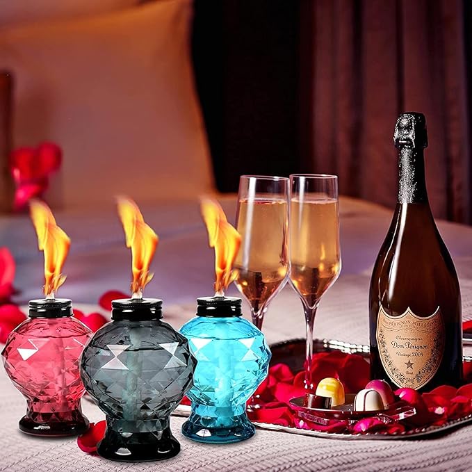 Tewei 4 Pack Blue Table Top Light Torches Outdoor, Mini Glass Torches Lanterns for Outside, Easy to Refill Citronella Torches for Garden Patio Yard Party