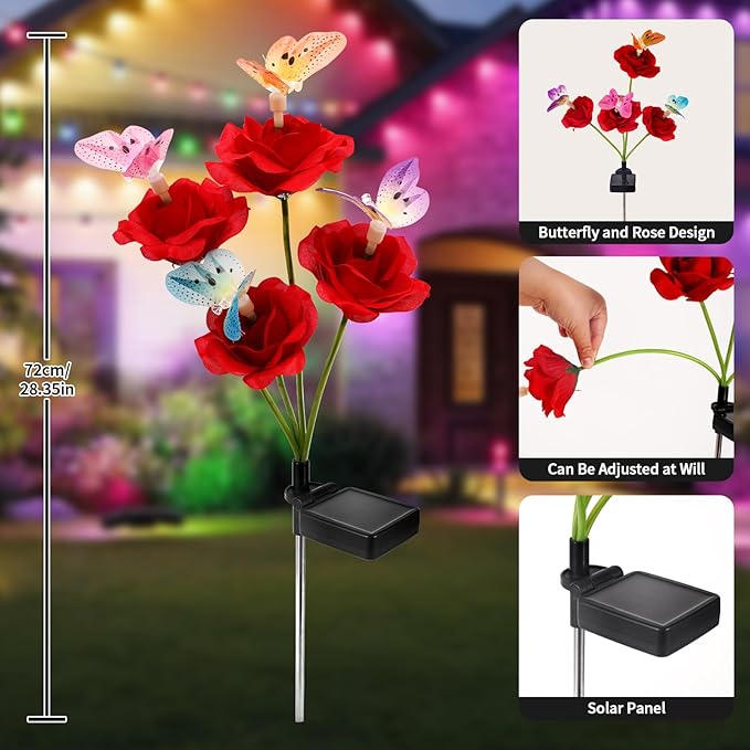 Solar Butterfly Rose Garden Lights Outdoor Waterproof Decorative Flower Garden Decor Yard Patio Lawn Outdoor, Gifts for Mother's Day3 Pack Gifts for Women (Butterfly Rose)
