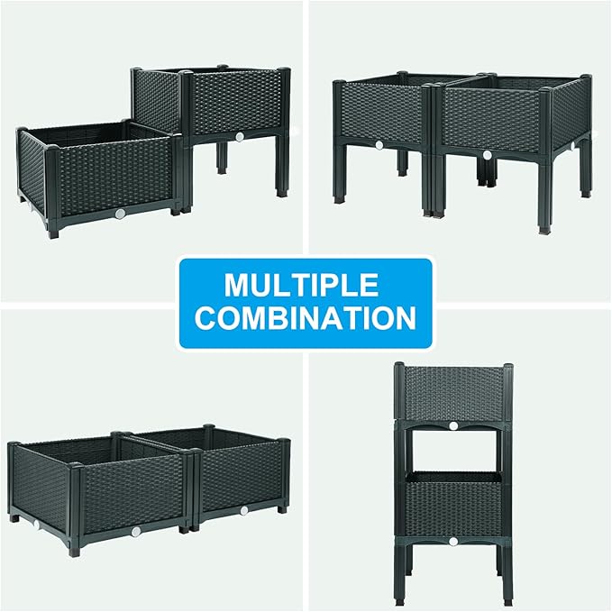 MAYOLIAH Raised Garden Bed with Drainage Elevated Planter Box Plastic Raised Beds for Gardening Vegetables Herb Flowers, Perfect for Indoor Outdoor Planting, 2 Boxes Grey