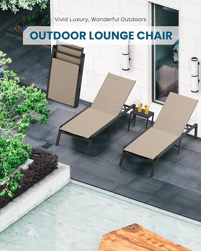 Chaise Lounge Outdoor, Foldable Aluminum Pool Lounge Chairs with 5 Positions Recliner - Free Assembly - Patio Chaise Lounge Chair for Poolside, Beach, Yard (Khaki)
