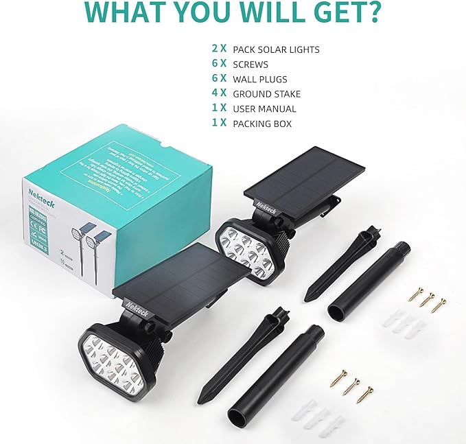 Nekteck Solar Lights Outdoor,10 LED Landscape Spotlights Powered Wall Lights 2-in-1 Adjustable Security Decoration Lighting for Yard Garden Walkway Porch Pool Driveway (4Pack, Warm White)