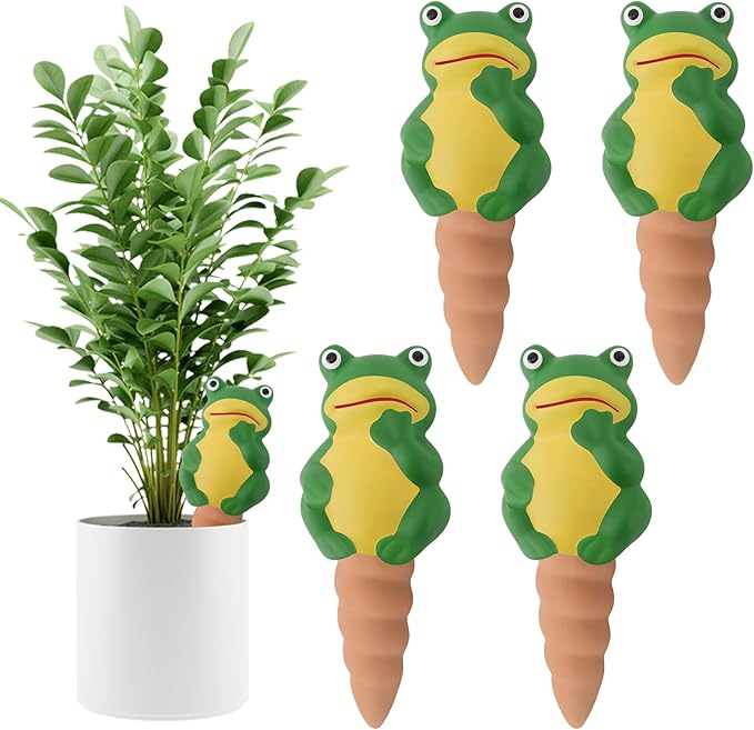 4Pcs Plant Watering Globes, Kalolary Frog Shape Self Watering Spikes Terracotta Drip Water Stakes Irrigation Watering Bulbs for Pot, Indoor, Outdoor, Vacation(Frog B)