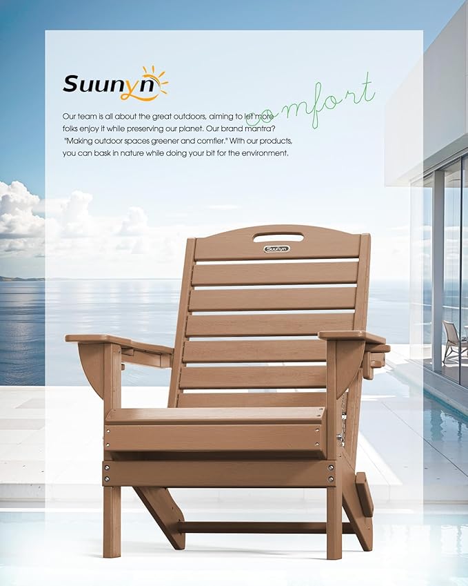 Adirondack Chairs Set of 4, Outdoor Fire Pit Chairs, HDPE All-Weather Adirondack Chairs with Cup Holder, Lawn Chair for Deck, Patio, Garden (Teak)