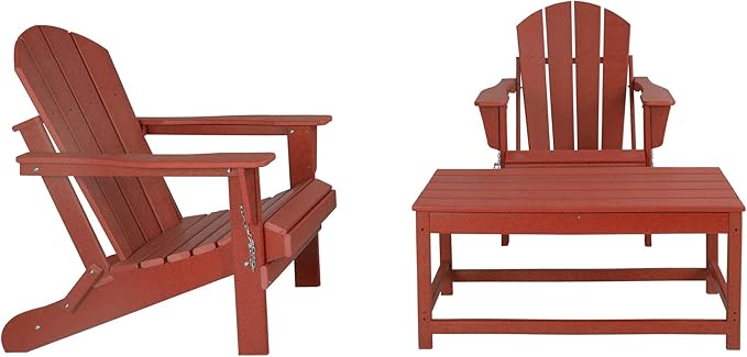 WO Home Furniture Adirondack Chairs Table Set of 3 PCS Outdoor Folding Chairs Coffee Table Weather/UV Resistant for Lawn, Garden, Bon Fire, Balcony (Red)