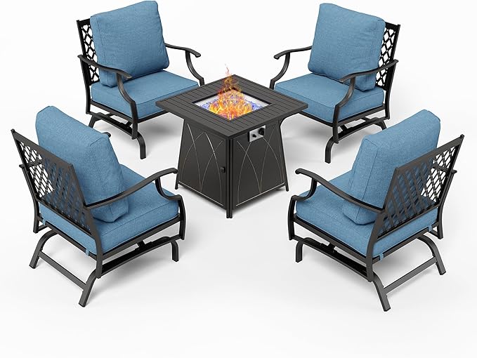 Patio Furniture Set with Fire Pit Table, 5 Pcs Metal Outdoor Conversation Set, 4 Rocking Chairs with 5.75" Extra Thick Cushion and 28" Fire Pit Table for Backyard Deck, Navy Blue