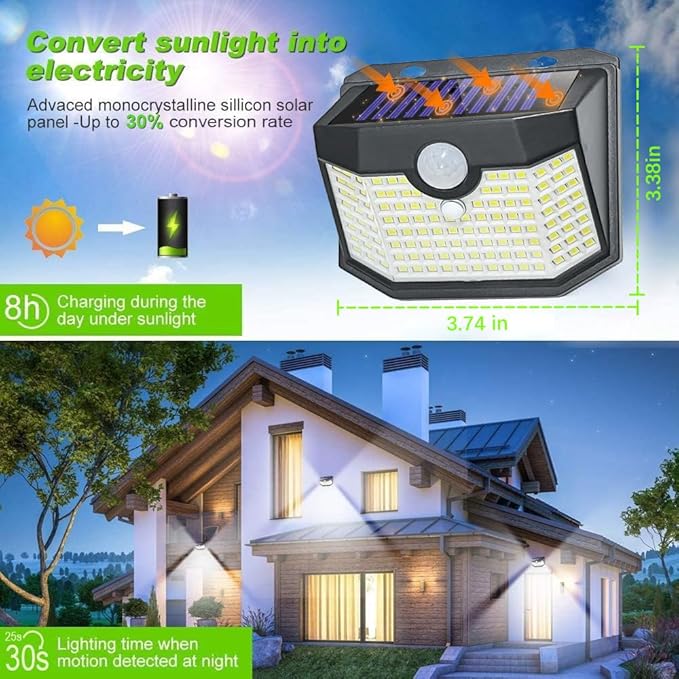 HMCITY 120 LED Outdoor Solar Lights with Motion Sensor and 3 Lighting Modes, IP65 Waterproof Wide Solar Wall Lights Ideal for Garden Patio Yard (Front Button 2Packs, Daylight White)