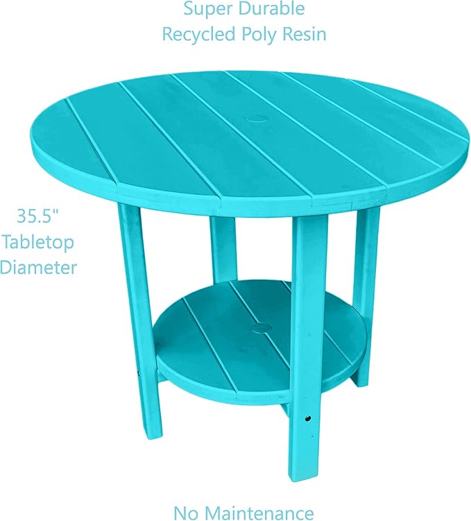 Phat Tommy Round Poly Resin Outdoor Patio Dining Table, All Weather Poly Patio Outdoor Furniture, Teal