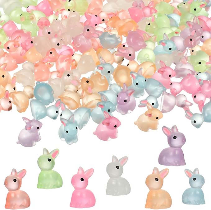 140Pcs Mini Resin Luminous Bunnies Glow in Dark Resin Rabbit Figures for Fairy Garden Luminous Mini Portrait Fairy Garden DIY Christmas Party Ornament Accessories Charms Party Favors