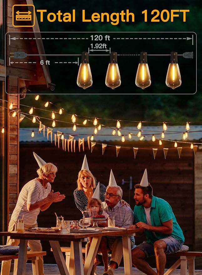 Ollny Outdoor String Lights 120FT with 60+2 Spare ST38 Vintage Bulbs, Shatterproof Connectable Patio Lights, 2200K Warm White Waterproof Outside Hanging Light for Yard Camping Gazebo Porch Balcony