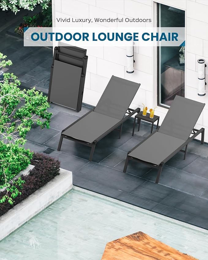 Pool Lounge Chairs Set of 3 (2 Chairs and 1 Side Table), Foldable Aluminum Chaise Lounge Outdoor with 5 Positions Recliner - Free Assembly - Patio Chaise Lounge Chair for Poolside, Yard