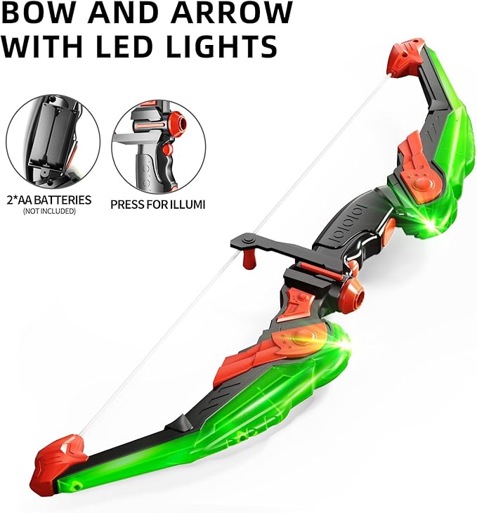 TEMI Bow and Arrow Set for Kids - Archery Toy Set - LED Light Up with Suction Cup Arrows, Target & Quiver, Indoor and Outdoor Toys for Children Boys Girls