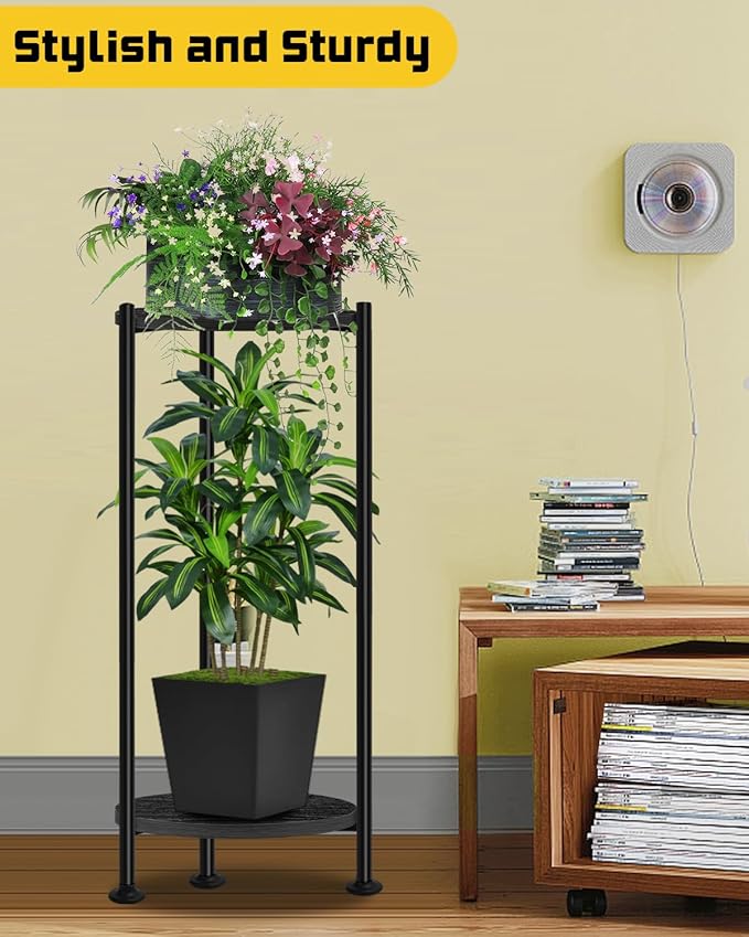 Plant Stand Indoor, 2 Tier Plant Stands for Indoor Plants, 30" Tall Flower Stand with Round Wooden Board Modern Plant Shelf for Living Room, Balcony, Deck