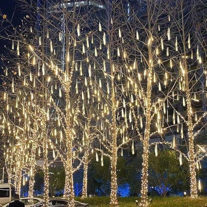 Solar Meteor Shower Lights - 16 Inch 8 Tube 288 LED, Waterproof, Cascading Falling Rain Lights for Tree, Bush, Holiday Parties, Christmas, Patio Decor - Warm White